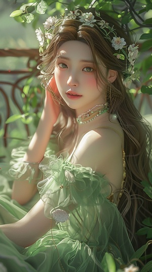 A beautiful princess wearing a green dress sitting in the palace garden, she has long brown hair and wears an elegant crown with flowers on it, her eyes sparkle with joy as if watching something spectacular, the soft lighting illuminates her face creating a dreamy atmosphere