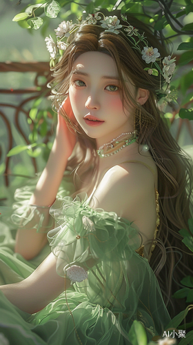 Enchanting Princess in Green Dress in Palace Garden