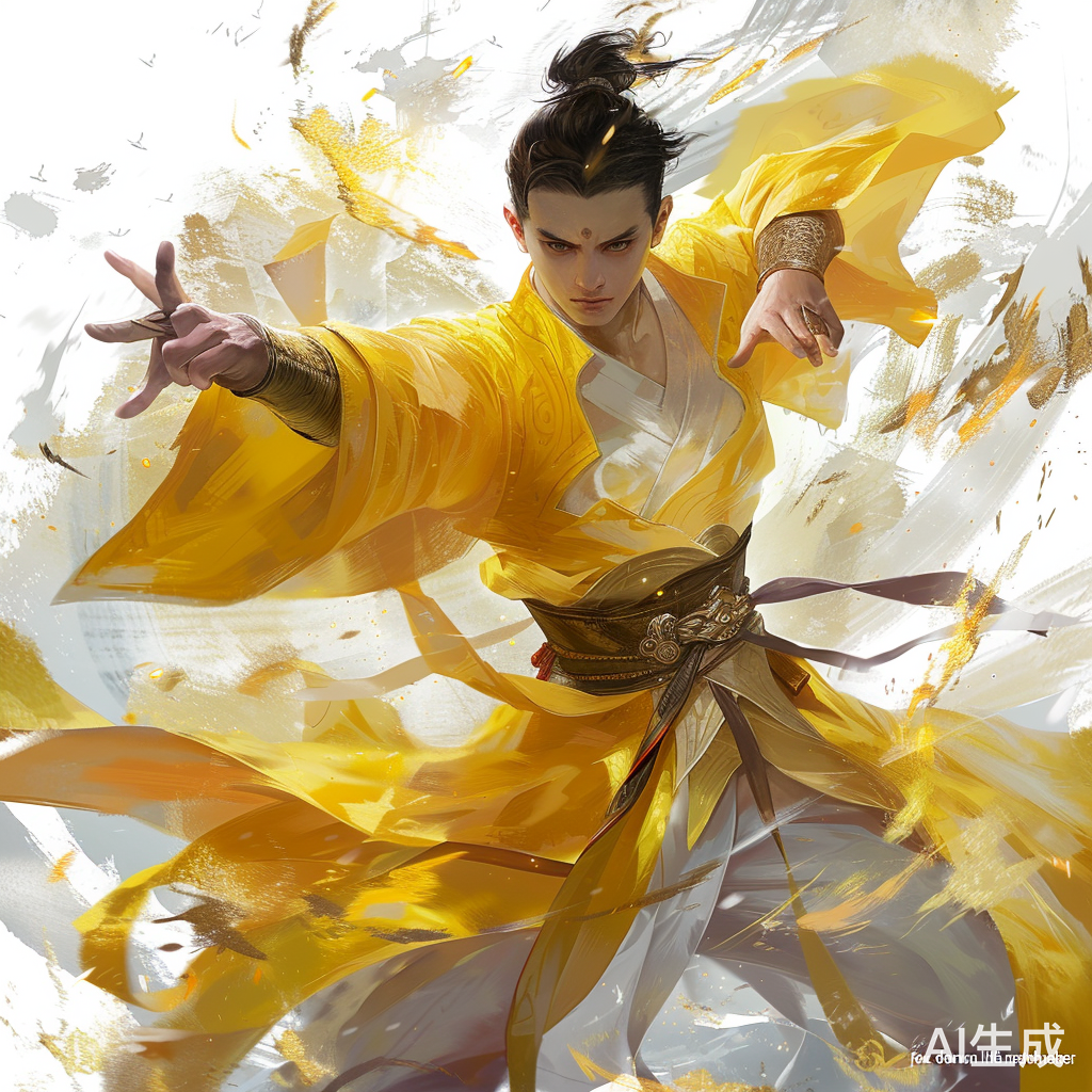 少年王权富贵，手中空无一物，黄衣道袍帅气逼人