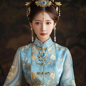 山海经古风蓝衣汉服美少女，有四只金耳朵，面容精致绝美，服饰华丽，头戴珠钗金簪步摇，耳朵上戴蓝色宝石耳坠耳环，内穿蓝色肚兜，外罩金黄色薄纱披帛，腰系红色丝绸腰带，有银白色铃铛吊坠珠帘做装饰，