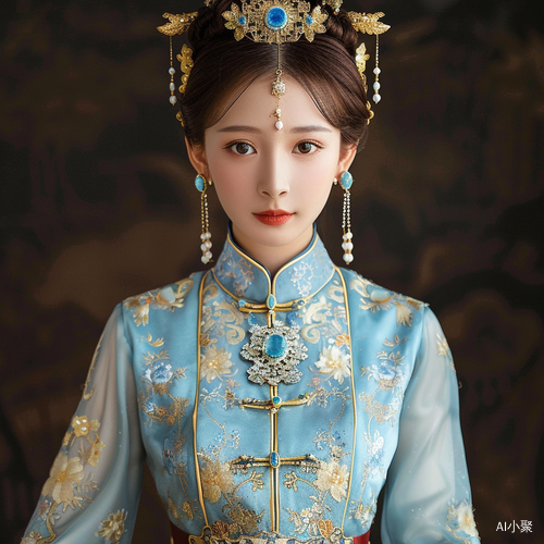 蓝衣汉服美少女：金耳朵珠钗金簪绝美华丽装扮