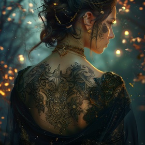 巅峰作品，极致画质，超高分辨率，超精细细节，（A woman with intricate tattoos on her back, wearing a flowing garment. Dark and moody, creating an atmospheric setting. Predominantly dark blues and golds, with warm lighting highlighting the tattoos. Digital art with a realistic style.)，氛围感