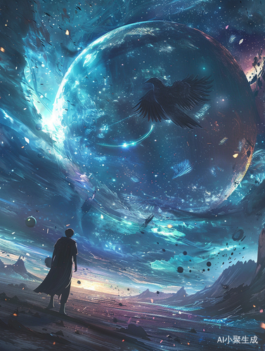 璀璨星空中凤凰与巨大圆球的壮美景象