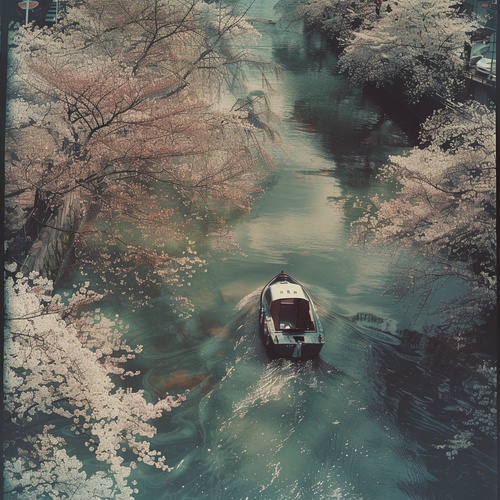 一条带有樱花的小河,以Daido Moriyama的风格拍摄,以ektachrome polaroid风格呈现,城市景色中有一艘船在河上漂浮,照片真实感强、颗粒感、高分辨率、超详细,从上方拍摄,全身照,使用柯达胶卷拍摄。