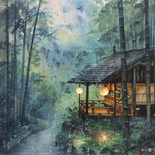 竹林小屋下雨天喝茶 感受舒适安全风景画