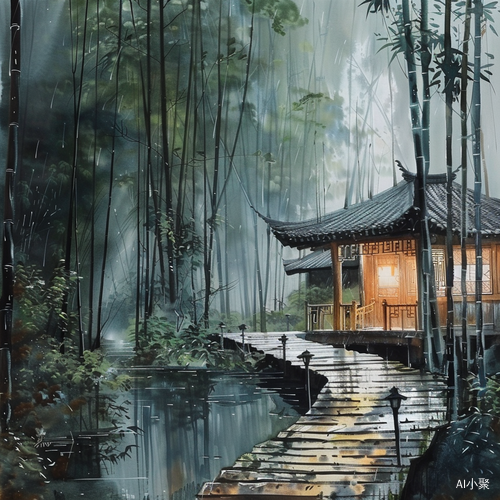 竹林小屋下雨天喝茶 感受舒适安全风景画