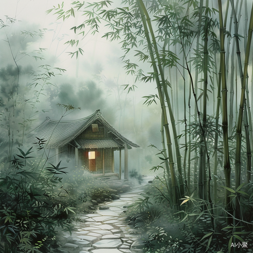 竹林小屋下雨天喝茶 感受舒适安全风景画