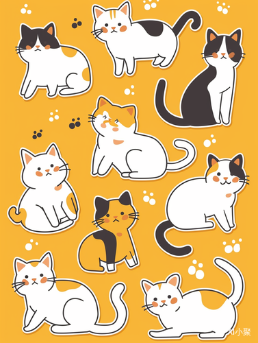 Kawaii Cat Sticker Sheet in White with Yellow Background