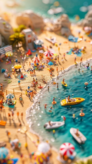 3D miniature scene，Children's Day e-commerce poster style, beach, swimming circle, speedboat, full of details, golden beach, fast moving speedboats in the bay, sunshine, coastline, a group of little people playing happily,supply stations, tents and other outdoor products, with many people in the bay and beach, various equipment, metal texture, light tones, studio lighting, soft reflection, C4D rendering, high quality, high detail, HD