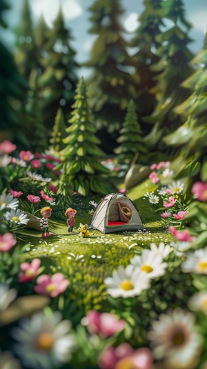 Camping in the forest, a 3D miniature scene of a tent surrounded by pink and white flowers and green trees, with children playing. The miniature landscape features a green grassland background, with axis shifting photography effects and ultra clear details. The dreamy fantasy realism style scenes are rendered using wide-angle lenses and depth of field, creating an octagonal paper art illustration style with blurred foreground