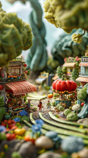 Miniature landscape, town composed of vegetables, shop made of big red pepper, carousel made of mushroom, tree made of western blue flower, road made of cucumber slices, pedestrians walking on the road, c4d, oc rendering, virtual engine, HD 8k