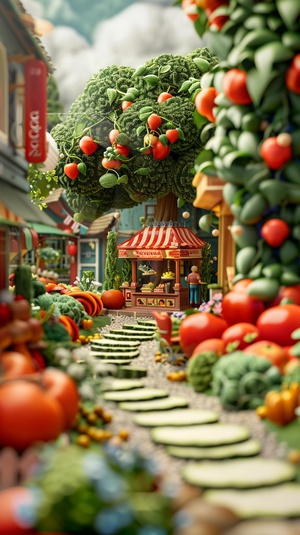 Miniature landscape, town composed of vegetables, shop made of big red pepper, carousel made of mushroom, tree made of western blue flower, road made of cucumber slices, pedestrians walking on the road, c4d, oc rendering, virtual engine, HD 8k