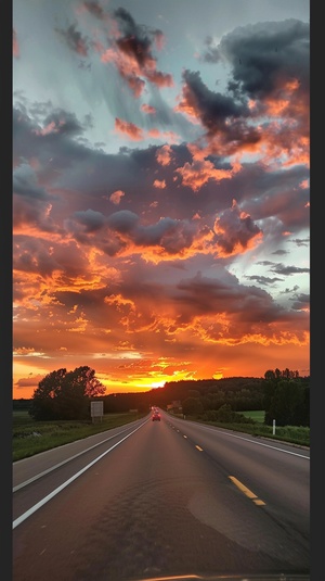 夏天 傍晚 公路 夕阳 火烧云