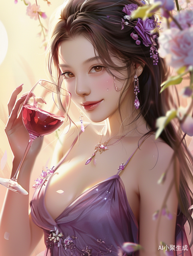 中国女孩红酒微笑紫裙半身照粉色阳光