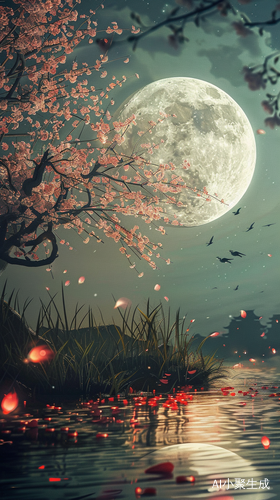 花瓣飘落，萤火虫舞蹁跹，月色如水