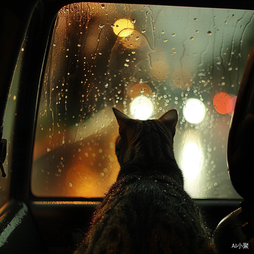 雨中猫坐车，静观车窗外景