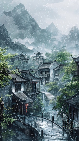 江南烟雨百景图,传统的中国水墨画风格,表现了一个古老的江南水乡。在一个阴雨天,是非常非常重要的楼和古桥都被雨水淋湿,但它们的轮廓仍然清晰可见。远处是苍翠的山峦和树木,近处是青石板铺成的小路,隐约可以听到雨滴的声音。画面以墨色为主,运用了中国传统的水墨画技法,展现了江南地区独特的风景和文化。