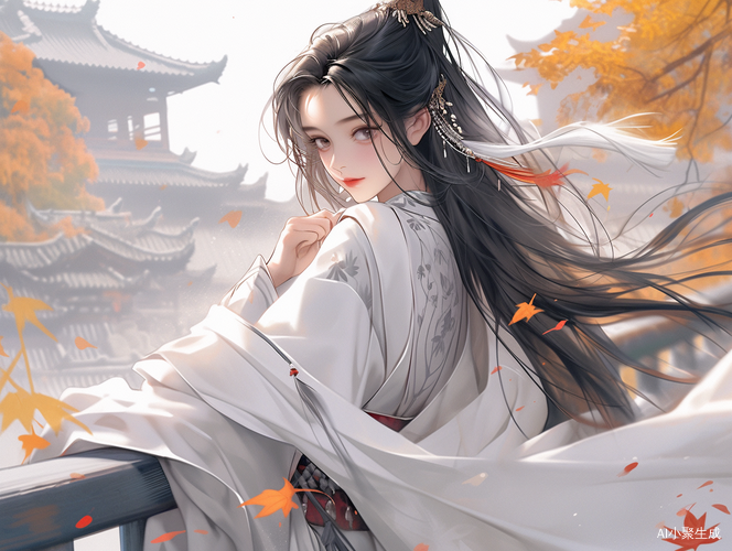白衣落花，古代宫殿中的开心女子