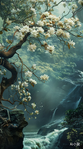 White Flowers Blooming on Ancient Tree by River