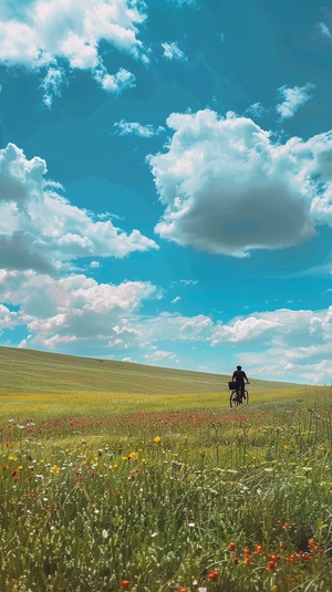 一半画面一个男人骑着自行车在开满鲜花的草原，画面一半天空蓝天白云