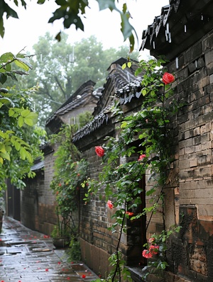 一朵蔷薇花绽放w在墙头，下雨天，hua duo上有水珠，远景为墙