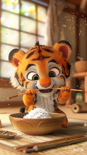 Adorable Tiger Baby Eating Rice in Anime Style Illustration