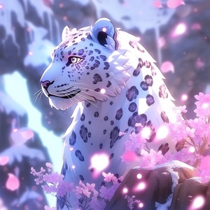 Cute handsome snow leopard Sparkly. Ice Themed.Sakura Flowers. Stage lighting, epic, 8k,highly detailed