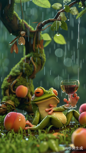 Anthropomorphic Frog Enjoying Wine Under Peach Tree