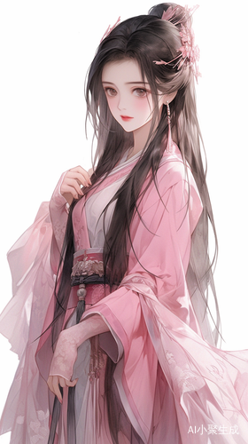 乌黑长发的年轻女人华丽粉色汉服