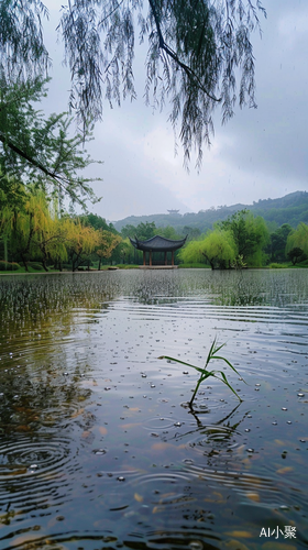 水溏倒映的金色光芒与柳枝轻摇