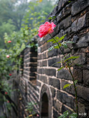 雨中蔷薇花墙头绽放景观