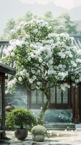 Chinese Residence Embellished with Sizable White Flowering Tree