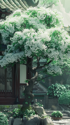 Chinese Residence Embellished with Sizable White Flowering Tree