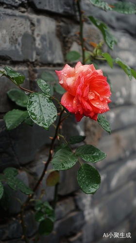 雨中蔷薇花绽放墙头水珠