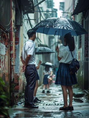 梧桐小巷，夏季下雨天，高中男生站着穿着校服为蹲在墙边的高中女生打伞，伞向女生倾斜，男生清瘦挺拔，女生扎着马尾辫，男生低头望着女生，女生抬头望着男生，要有治愈感和唯美画风