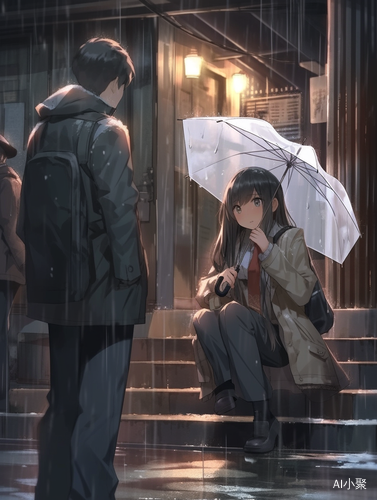 雨夜男生细心为女生打开雨伞