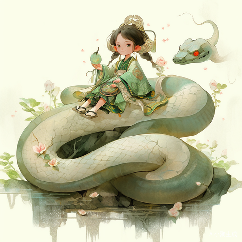 中国风古风小女孩坐荷花十二生肖蛇