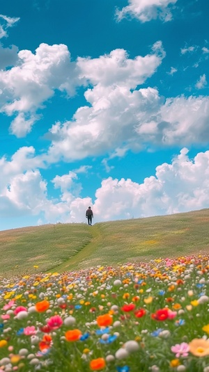 一半画面一个男人走在在开满鲜花的草原，画面一半天空蓝天白云