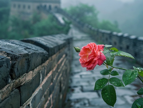 一朵蔷薇花绽放在墙头，下雨天，花朵上有水珠，远景为墙