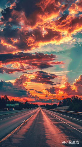 夏天傍晚沿公路观赏夕阳火烧云
