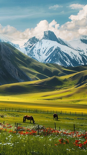 远处的雪山，山下是青青的草原，草原牧场，围栏，两匹马儿在草原悠闲吃草，艳丽的鲜花盛开在草原上，风和日丽的阳光照耀在大地上，如画一样美丽，摄影佳作，极高清，逼真，细腻