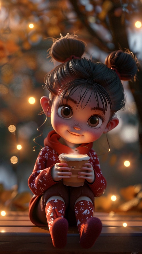 s.mj.runlL6jSBJXsGU a cute little girl with big eyes, wearing red and black sitting on a bench holding a coffee cup, smiling face, warm lights around her, big brown hair in buns, in the style of 3d cartoon, in the style of disney pixar animation, full body photo, full of sunshine, happy smile, night park background, perfect details, high definition picture quality, masterpiece. ar 3:4 iw 1.8 niji 5