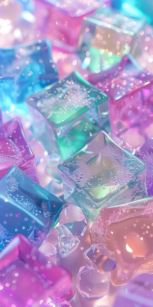 A background of colorful ice cubes, with sparkling and shiny effects, cute cartoon style, pastel colors,anime aesthetics, mobile wallpaper, high resolution, and detailed details. The overall composition is simple yet full of vitality.