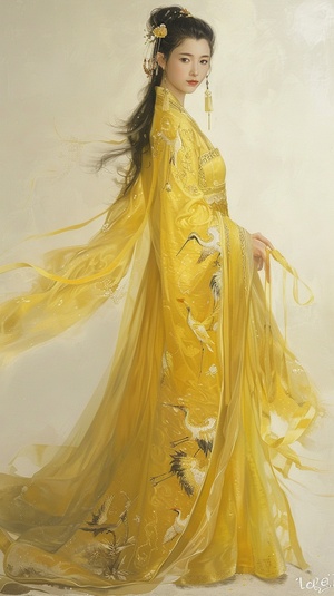 Chinese beauty, full body photo in a yellow dress with embroidered cranes on the chest and back, long hair draped over shoulders, white skin, red lips, slender figure, earrings and hanging necklaces, high heels, confident smile, full of confidence posture in the style of .