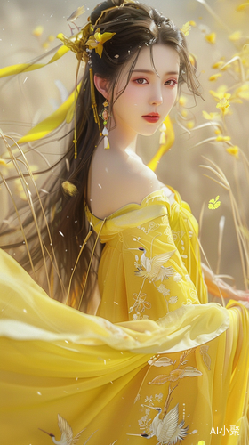 Confident Chinese Beauty in Yellow Dress and Cranes