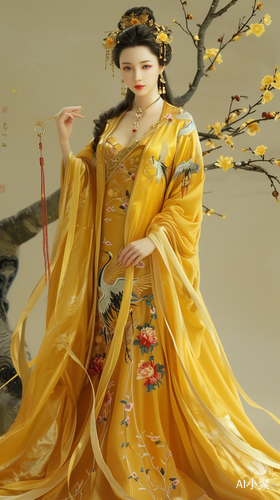 Confident Chinese Beauty in Yellow Dress and Cranes