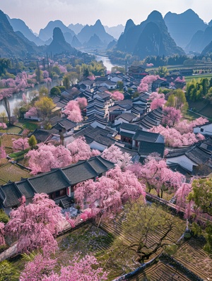 航拍效果，园林景观风格，俯瞰桂林山水，桂林的山包围着，田园风光，纯净天空，整齐规律排列的哈尼梯田，粉红色樱花树整齐规律成直线，漓江春水，江水如带，仿佛大自然的杰作，令人叹为观止。画面高清，画质细腻，干净，大师杰作，4K输出。