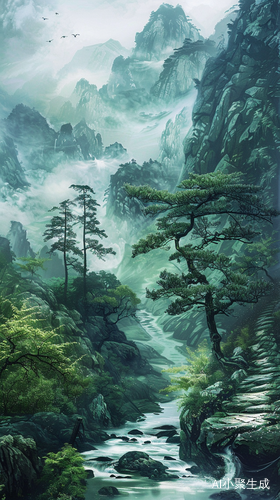 清澈溪水与青翠松树