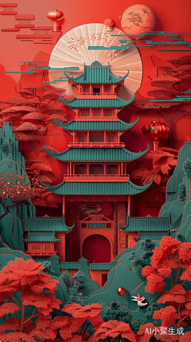 中国传统建筑与东方风景在3D浮雕中的多维剪纸艺术