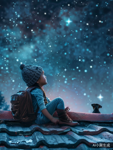 星空下的可爱女孩与小狗